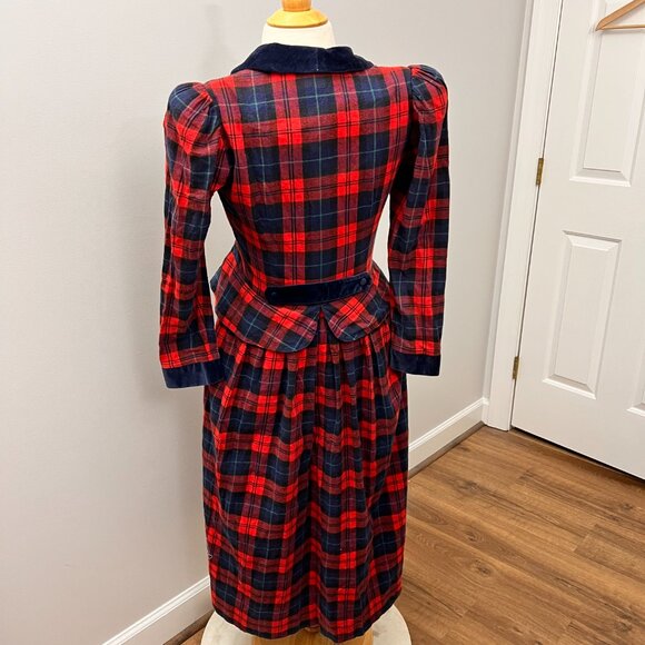 Vintage Lanz Originals 80s Red Plaid Velvet Trim Peplum Tartan Dress Sz XS - Picture 2 of 15